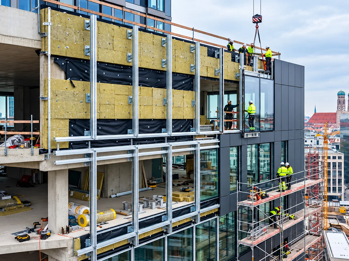 Montage einer Fassadendämmung mit Mineralwolle und vorgehängter Bekleidung