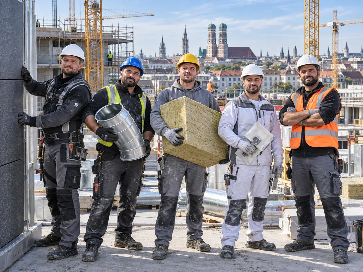 Facharbeiter mit Dämmstoffen, Luftkanal und Werkzeugen auf einer Baustelle
